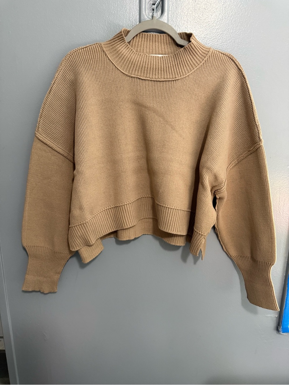 Zenana Oversized LT Mocha Mock Neck Cropped Sweater Exposed Seam Hi Low CC08 - Picture 2 of 6